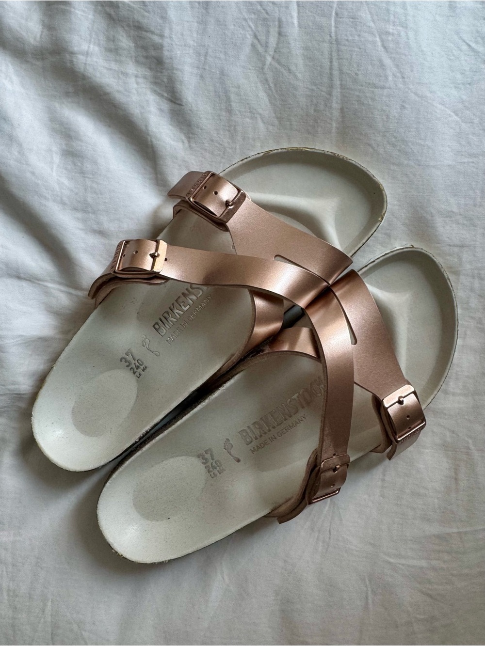 Birkenstock Metallic Rose Gold Crisscross Buckle Sandals